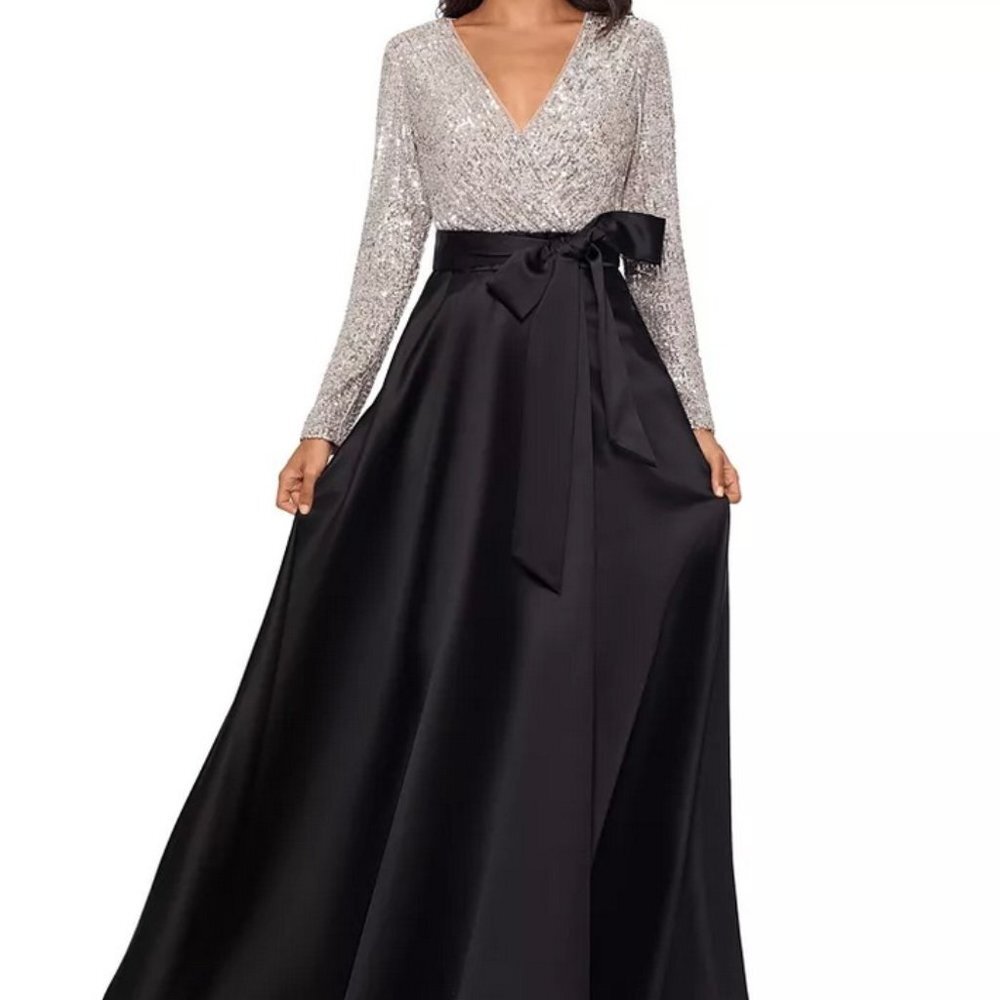 Xscape Silver Sequin-Top Black Taffeta Ball Gown